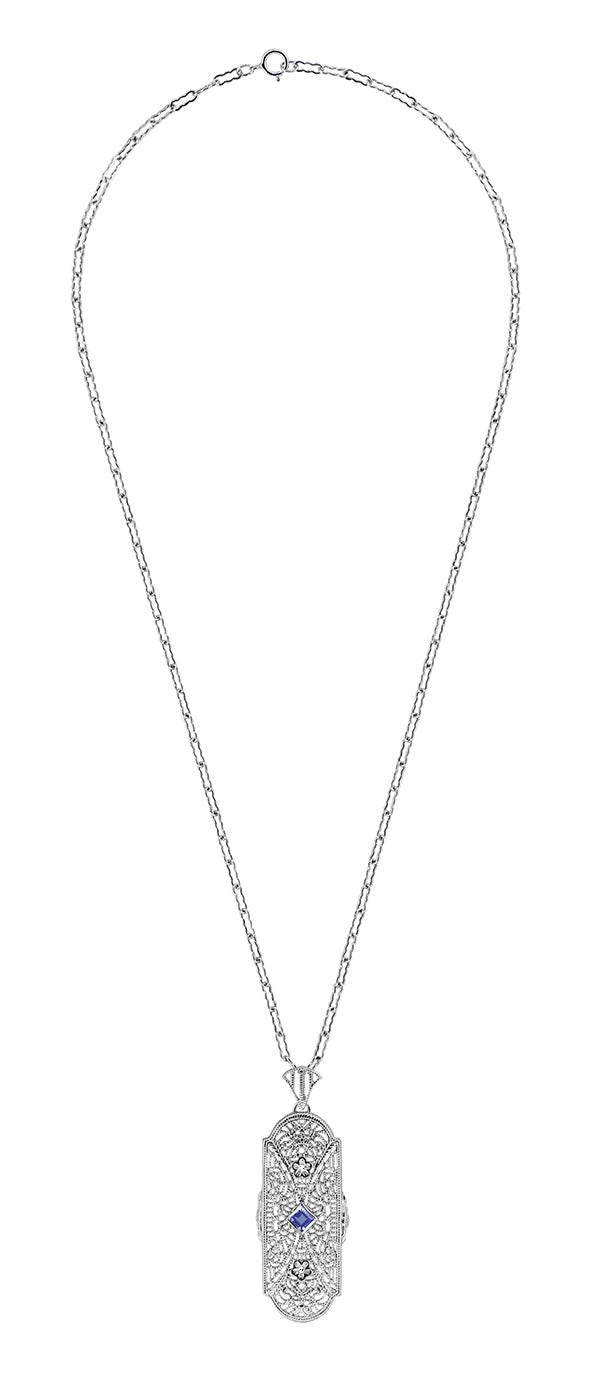 1920's Art Deco Floral Filigree Tanzanite Pendant Necklace in Sterling Silver with Diamonds - Item: N151TA - Image: 3