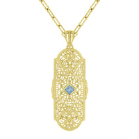 1920's Filigree Art Deco Diamond and Aquamarine Pendant Necklace in Sterling Silver in Yellow Gold Vermeil