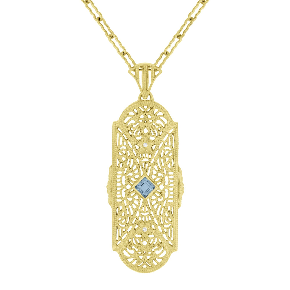 1920's Filigree Art Deco Diamond and Aquamarine Pendant Necklace in Sterling Silver in Yellow Gold Vermeil