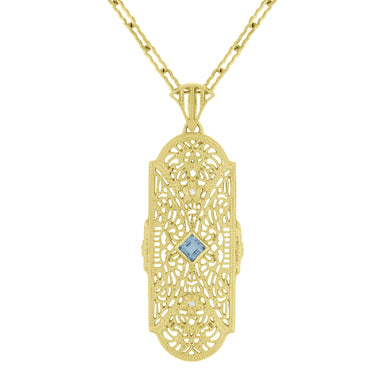 1920's Filigree Art Deco Diamond and Aquamarine Pendant Necklace in Sterling Silver in Yellow Gold Vermeil