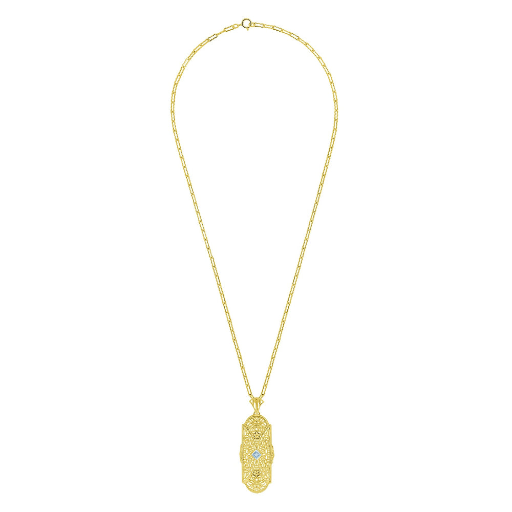 1920's Filigree Art Deco Diamond and Aquamarine Pendant Necklace in Sterling Silver in Yellow Gold Vermeil - Item: N151YA - Image: 3
