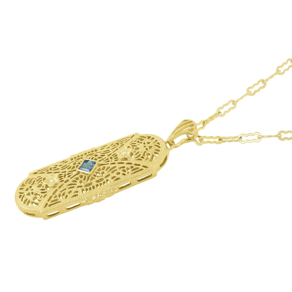 1920's Filigree Art Deco Diamond and Aquamarine Pendant Necklace in Sterling Silver in Yellow Gold Vermeil - Item: N151YA - Image: 2