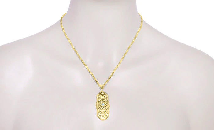 1920's Filigree Art Deco Diamond and Aquamarine Pendant Necklace in Sterling Silver in Yellow Gold Vermeil - Item: N151YA - Image: 4