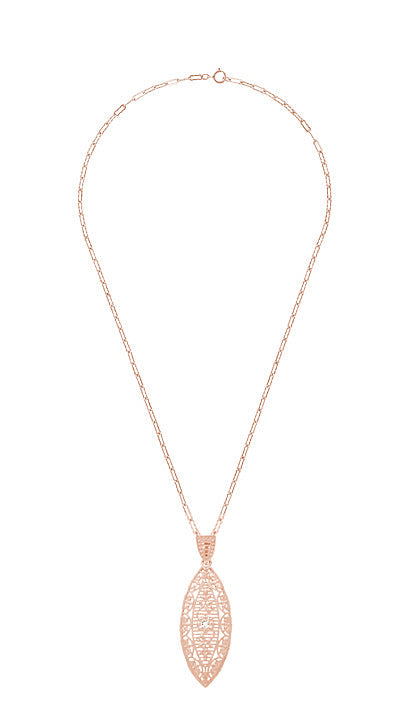 Rose Gold Filigree Leaf Diamond Pendant with Vintage Chain - N171RD