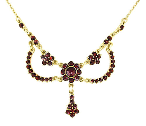 Victorian Bohemian Garnets Teardrop Necklace in Sterling Silver with Yellow Gold Vermeil - 16"