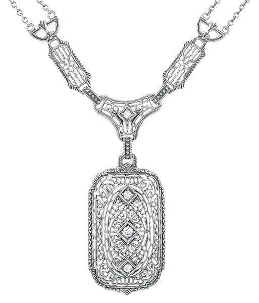 1930's Filigree Art Deco Lavalier Pendant Drop Necklace in Sterling Silver