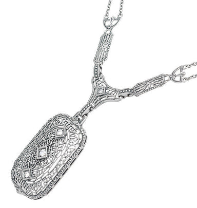 1930's Filigree Art Deco Lavalier Pendant Drop Necklace in Sterling Silver - alternate view