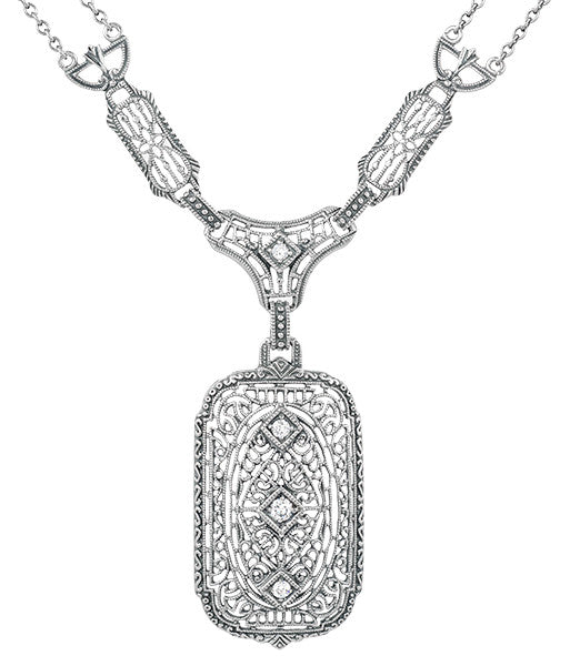 1930's Filigree Art Deco Lavalier Pendant Drop Necklace in Sterling Silver
