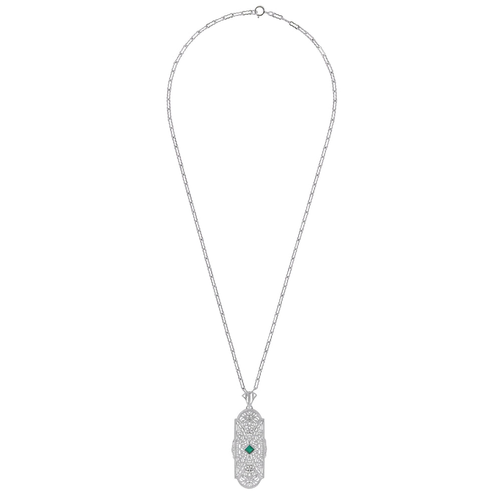 1920's Art Deco Floral Filigree Lozenge Shape Lab-Grown Emerald Necklace with Diamonds in Sterling Silver - Item: N151E - Image: 3