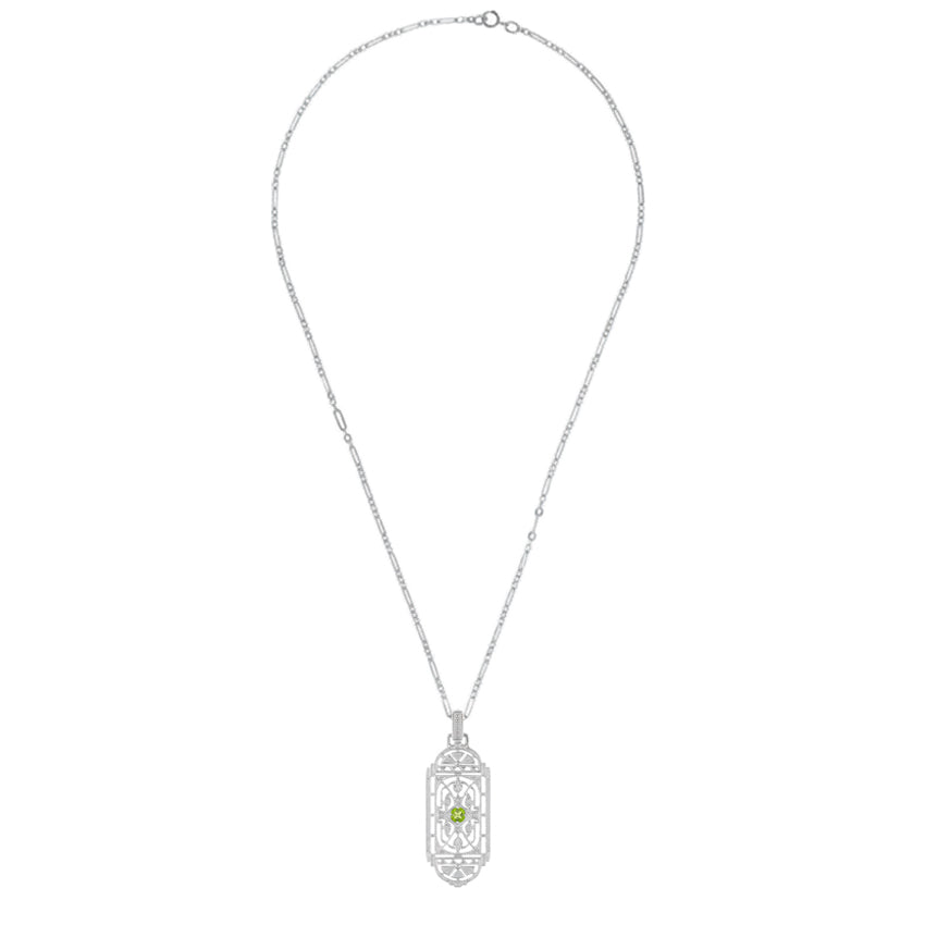 1920's Geometric Art Deco Filigree Peridot Pendant Necklace in Sterling Silver - Item: N150PER - Image: 3