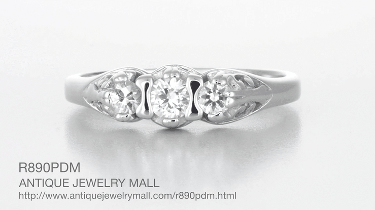 Palladium Art Deco Antique Style Scroll Filigree 3 Diamond Ring - Item: R890PDM - Image: 6