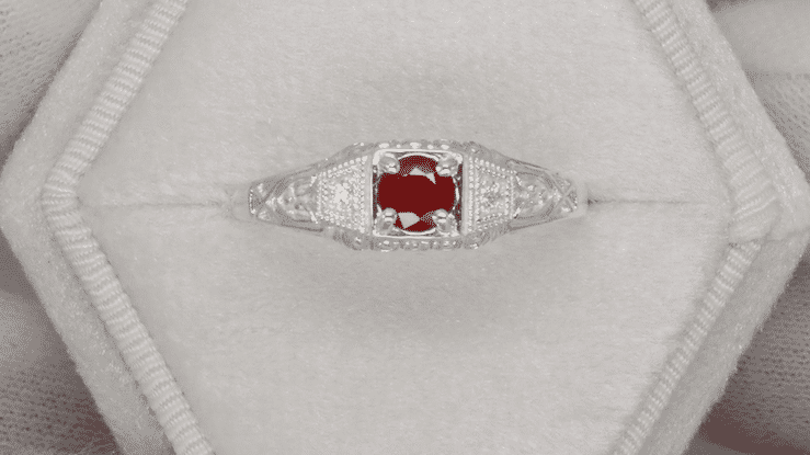 Art Deco Ruby and Diamond Filigree Engagement Ring in 14 Karat White Gold - Item: R227 - Image: 4