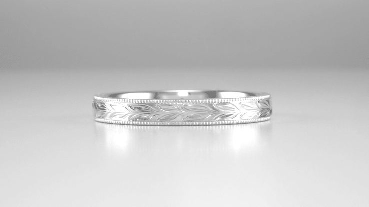 Platinum Antique Inspired Art Deco Hand Engraved Hawaiian Maile Leaves Wedding Ring - Item: R719P - Image: 7