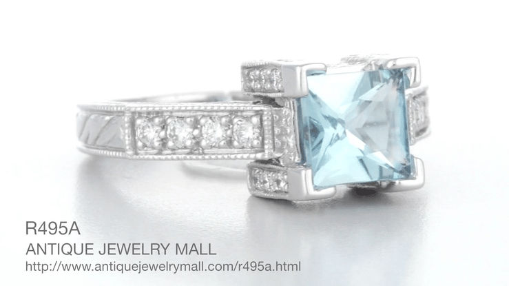 Platinum Art Deco 1 Carat Square Princess Cut Aquamarine and Diamond Engagement Ring - Item: R495A - Image: 8