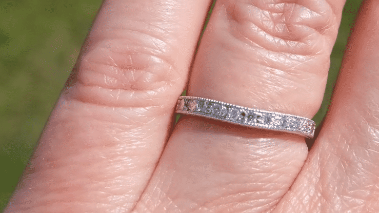 Platinum Art Deco Curved Engraved Wheat Diamond Wedding Band - Item: R635PD-LC - Image: 6