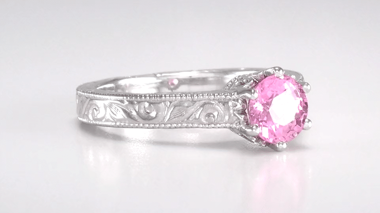 Platinum Scrolls Art Deco Filigree 1 Carat Pink Sapphire Solitaire Crown Engagement Ring - Item: R199PPS - Image: 9