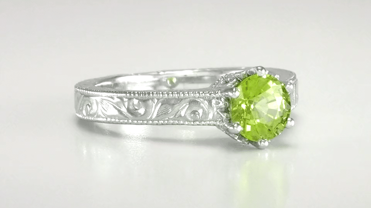Platinum Engraved Scrolls Art Deco Filigree Crown Solitaire 1.50 Carat Peridot Engagement Ring - Item: R199PPER - Image: 8