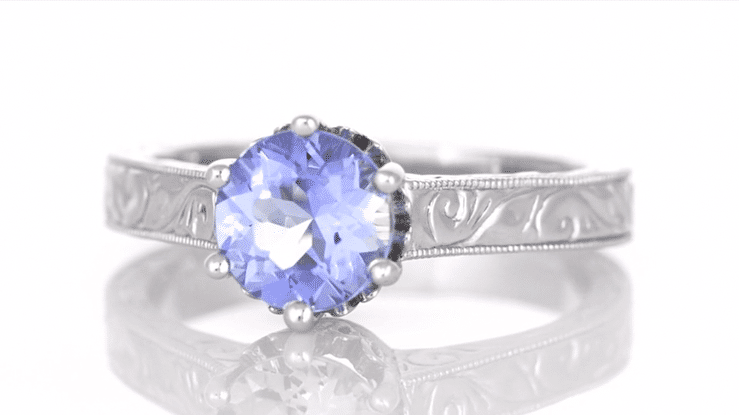 Platinum Art Deco Filigree Engraved Scrolls Crown Solitare Tanzanite Engagement Ring - Item: R199PTA - Image: 8