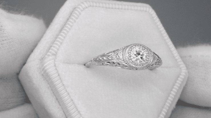 Art Deco Heirloom Engraved Filigree Diamond Engagement Ring in Platinum - Item: R311-LC - Image: 7