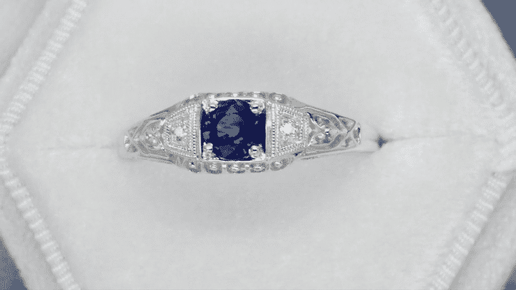 Platinum Petite Art Deco Blue Sapphire and Diamond Filigree Engagement Ring - Item: R228P - Image: 4