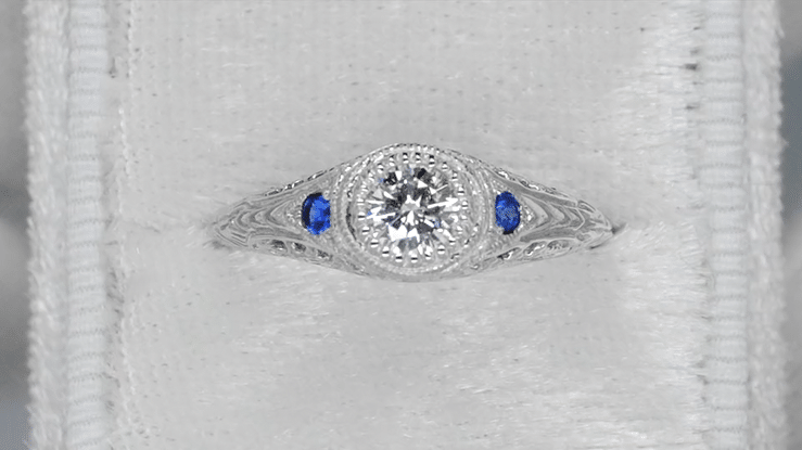 Platinum Art Deco Vintage Engraved Filigree Diamond Engagement Ring with Side Blue Sapphires - Item: R311S - Image: 4