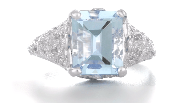 Platinum Filigree Emerald Cut Aquamarine Edwardian Engagement Ring - Item: R618P - Image: 6