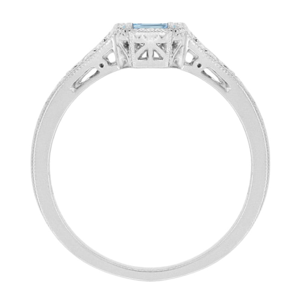 Side of Art Deco Filigree Aquamarine and Diamond Engagement Ring in Platinum - R298PA