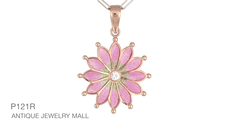 Plique a Jour Enamel Flower Pendant Necklace in Rose Gold Vermeil Sterling Silver with White Sapphire | Art Nouveau 1910 Vintage Replica - Item: P121R - Image: 6