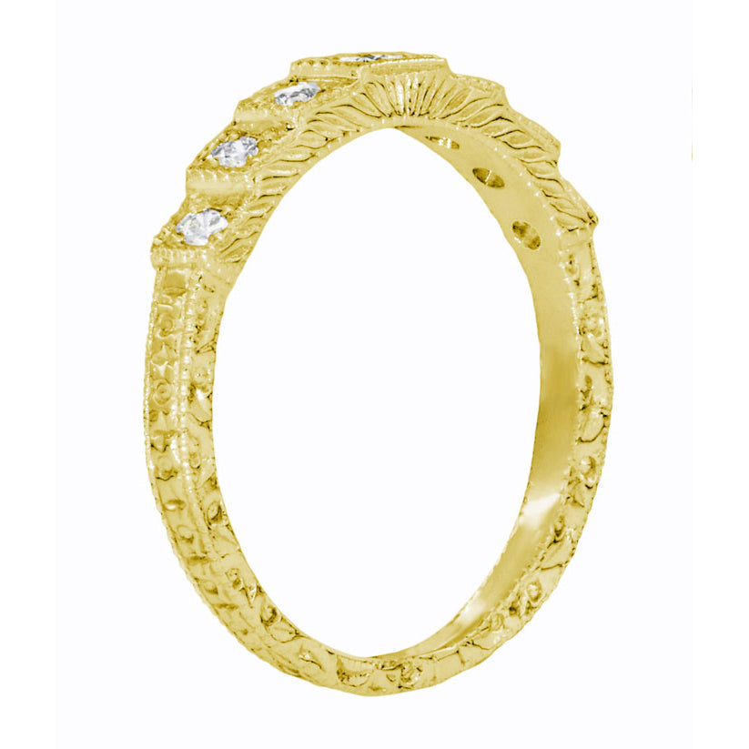 Side Scroll Hand Engraved Yellow Gold 1920's Art Deco Tiered Vintage Diamond Wedding Band - DWR135Y