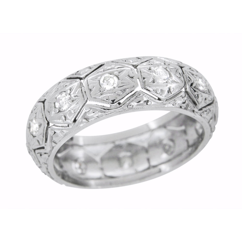 Ardsley Art Deco Honeycomb Filigree Engraved Antique Wide Diamond Wedding Ring in Platinum - Size 6.5