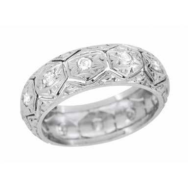 Ardsley Art Deco Honeycomb Filigree Engraved Antique Wide Diamond Wedding Ring in Platinum - Size 6.5