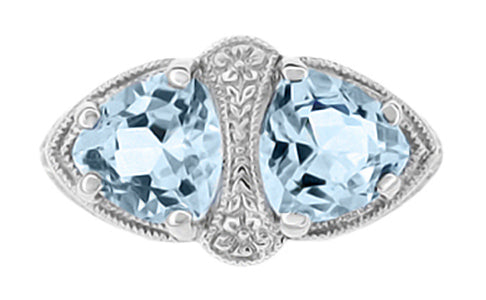Art Deco Loving Duo Filigree Blue Topaz Trillions 2 Stone Ring in 14 Karat White Gold - Item: R1129 - Image: 2