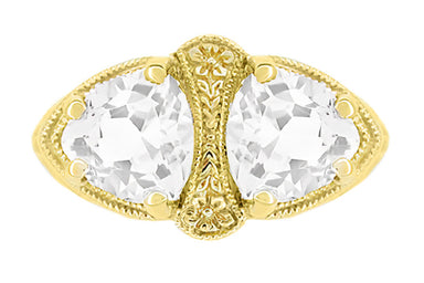 Yellow Gold Art Deco Filigree White Topaz Loving Duo Ring - alternate view