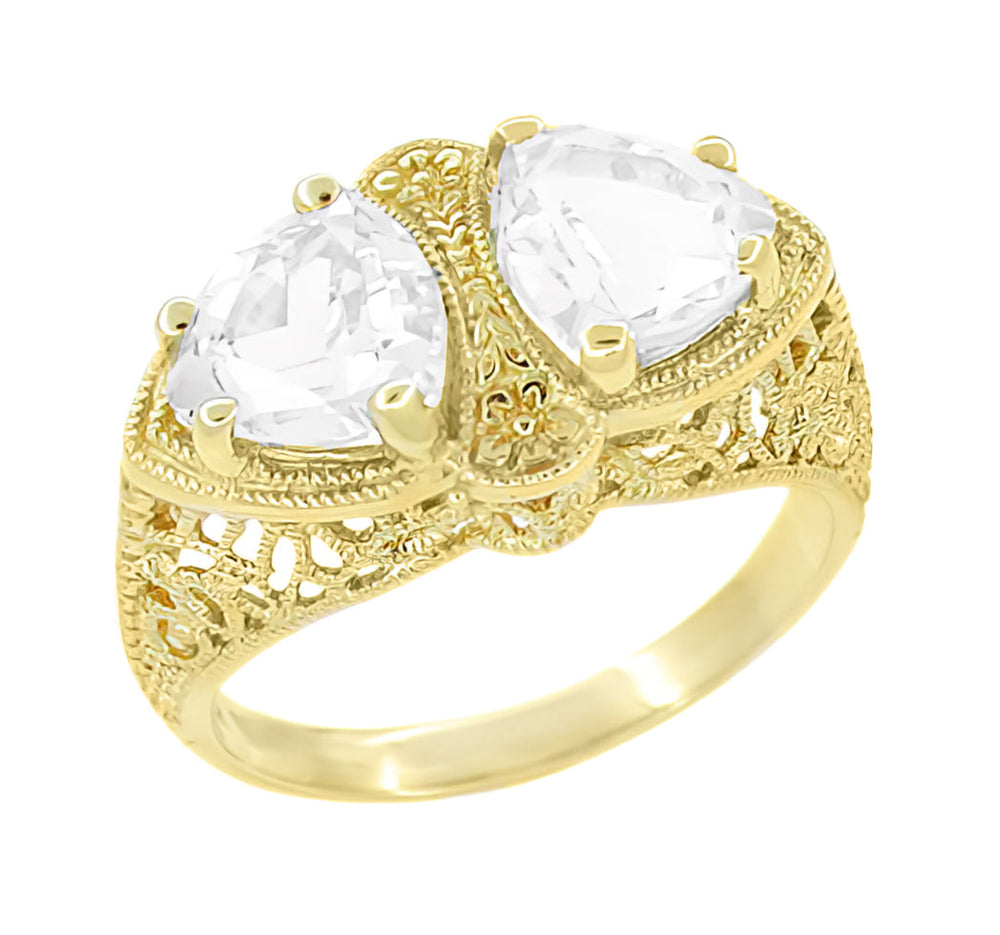 Yellow Gold Art Deco Filigree White Topaz Loving Duo Ring