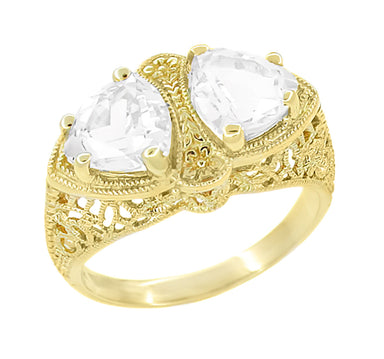 Yellow Gold Art Deco Filigree White Topaz Loving Duo Ring