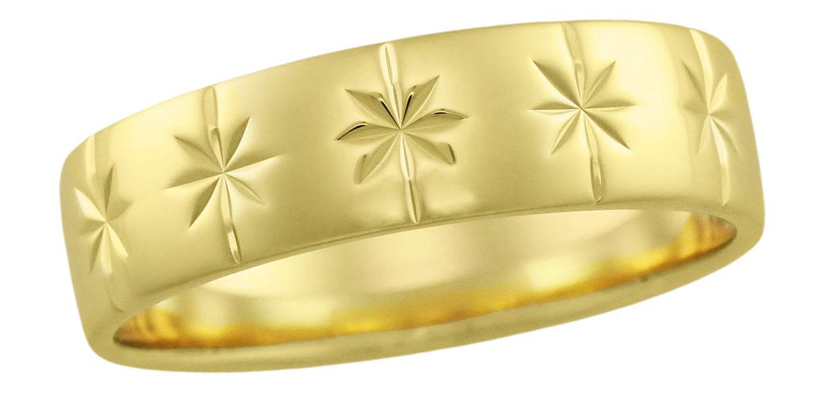 1950s 8 Ray Starburst Mens Antique Wedding Band in Yellow Gold 6mm