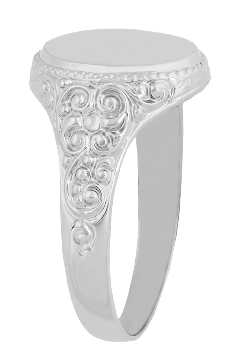 Victorian White Gold Oval Signet Ring with Engraved Side Scrolls - Item: R1141W10 - Image: 2
