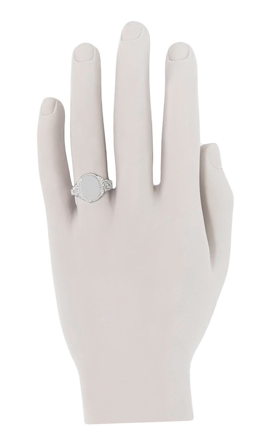 Victorian White Gold Oval Signet Ring with Engraved Side Scrolls - Item: R1141W10 - Image: 4