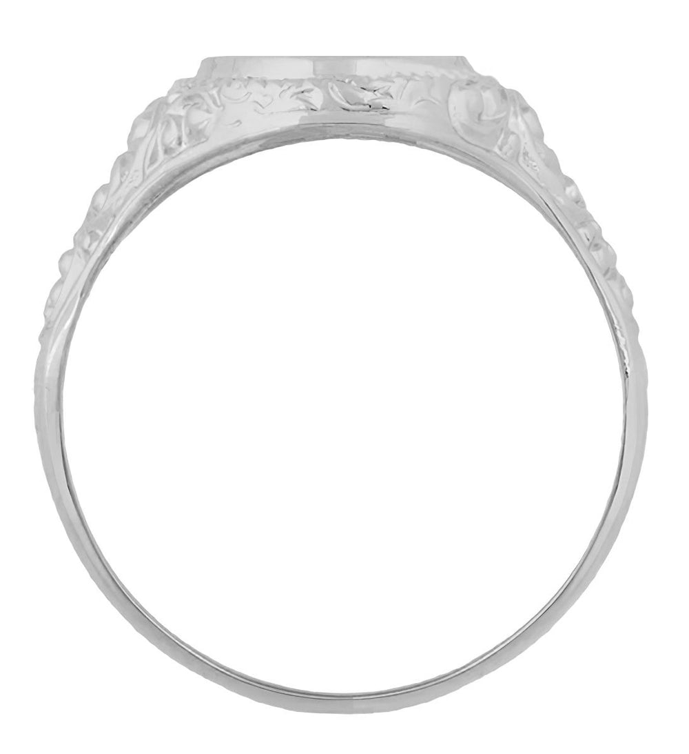 Victorian White Gold Oval Signet Ring with Engraved Side Scrolls - Item: R1141W10 - Image: 3