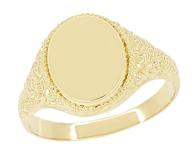 Engraved Scrolls Oval Victorian Signet Ring in Yellow Gold - 10K or 14K