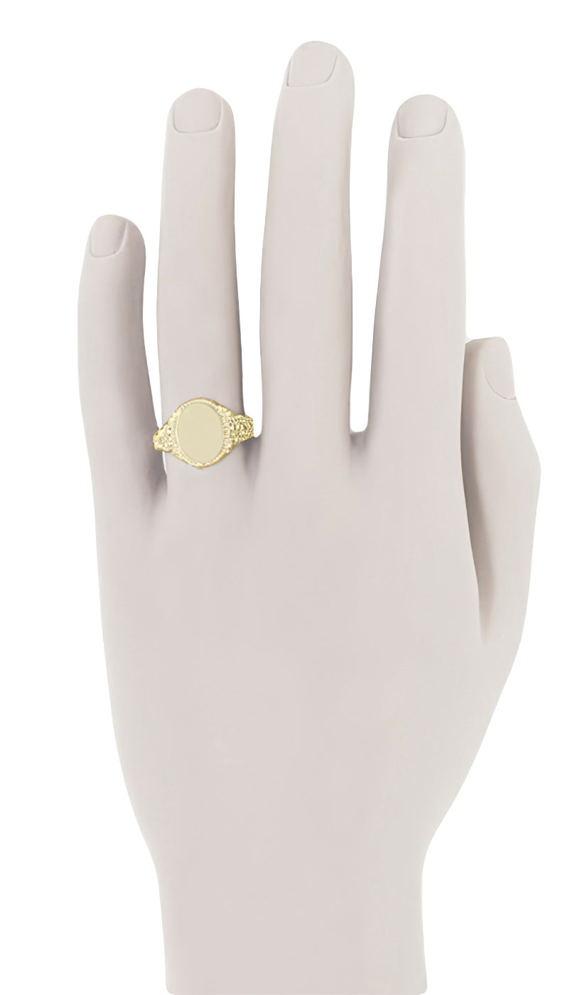 Engraved Scrolls Oval Victorian Signet Ring in Yellow Gold - 10K or 14K - Item: R1141Y10 - Image: 4