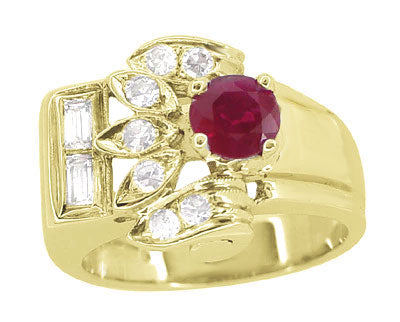 A Mid Century Retro Modern vintage style 14 karat yellow gold ring featuring a large red ruby center gemstone, flanked by smaller white diamond accents, set in a classic 4 prong setting. R1148Y