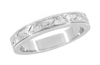 1920's Vintage Style Platinum Art Deco Carved Floral Fan Wedding Ring with Millgrain Edges - 4mm