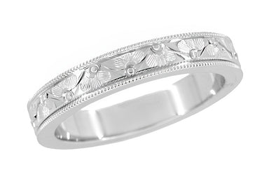 1920's Vintage Style Platinum Art Deco Carved Floral Fan Wedding Ring with Millgrain Edges - 4mm