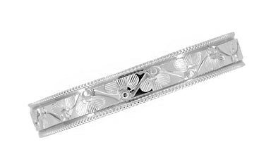 1920's Vintage Style Platinum Art Deco Carved Floral Fan Wedding Ring with Millgrain Edges - 4mm - alternate view