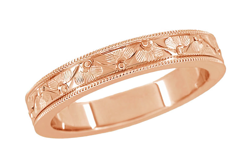 Rose Gold Art Deco Engraved Floral Fan Wedding Band with Millgrain Edges - 4mm Wide