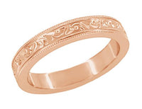 Art Deco Flowers and Leaves Millgrain Edged 4mm Wide Vintage Style 14K Rose Gold Wedding Band