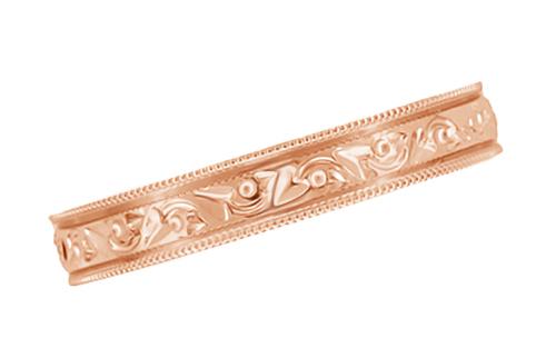 Engraved Flowers and Leaves Millgrain Vintage Rose Gold Wedding Ring - 4mm Wide