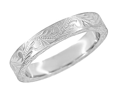 Hand Engraved Scrolls & Leaves Vintage Wedding Band in 14K White Gold - Western Engraved