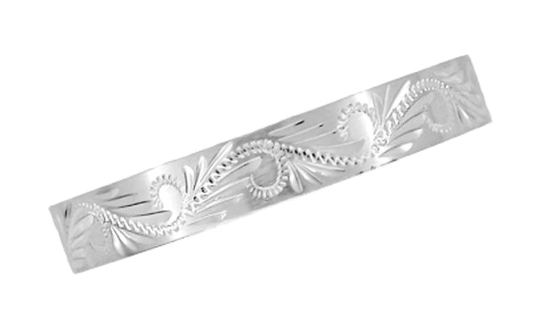 4mm Wide Hand Engraved Scrolls & Leaves Vintage Wedding Band in 14K White Gold - Western Engraved